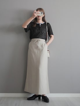 「SOYEN（ソイエン）のウエストダブルコードロングスカート（スカート、ベージュ系）」を使った、miiさん（レディース・162cm）の春コーディネート