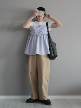 「BONLECILL（ボンルシール）の【接触冷感/UVカット/洗える】シャツビスチェドッキングギャザーＴ（Tシャツ/カットソー、ホワイト系）」を使った、miiさん（レディース・162cm）の春コーディネート
