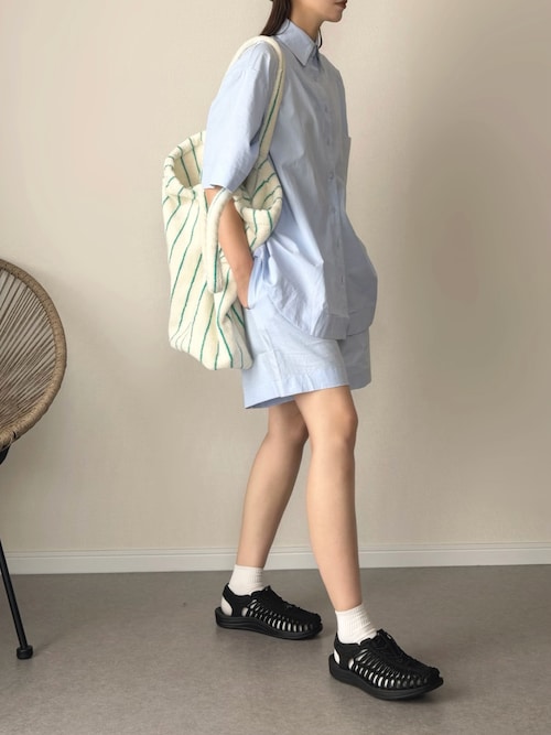 「HANNE（アン）のハーフスリーブシャツセットアップ（シャツ/ブラウス）」を使った、haru さん（レディース・162cm）の夏コーディネート
