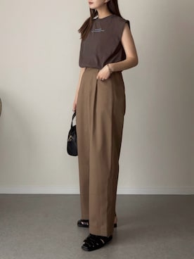 「しまむら（シマムラ）のアイテム（Tシャツ/カットソー、ブラウン系）」を使った、haru さん（レディース・162cm）の夏コーディネート