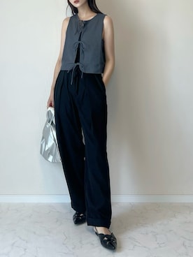 「THE YOn（ザヨン）のスリングバックニュアンスフラットミュール（サンダル）」を使った、haru さん（レディース・162cm）の夏コーディネート