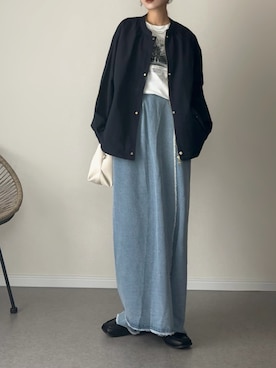 「WILLFULLY（ウィルフリー）の2way wrap tapered denim pants（デニムパンツ、ブルー系）」を使った、haru さん（レディース・162cm）の秋コーディネート