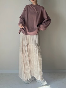 「classicalelf（クラシカルエルフ）のシンプルカジュアルを格上げ。綿100%ワンポイント胸刺繍シンプルロンTee（Tシャツ/カットソー、ピンク系）」を使った、haru さん（レディース・162cm）の春コーディネート