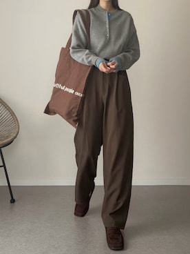 「RANAN（ラナン）の配色ヘンリーネックスウェットライクニット（ニット/セーター、グレー系）」を使った、haru さん（レディース・162cm）の秋コーディネート
