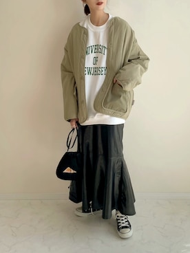 「レザースカート」｜「アイテム（ノーカラージャケット）」を使った、haru さん（レディース・162cm）の秋コーディネート