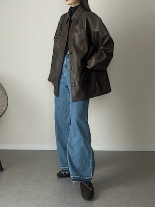 「select MOCA by son(セレクトモカバイソン)のステンカラーフェイクレザージャケット(ステンカラーコート)」を使った、haru さん(レディース・162cm)の冬コーディネート