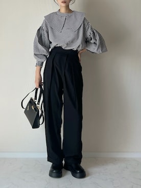 「AmiAmi（アミアミ）のラウンドトゥスライドローファークロッグサンダル/厚底サボサンダル（スリッポン、ブラック系）」を使った、haru さん（レディース・162cm）の春コーディネート