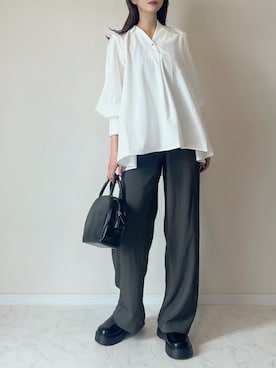 「AmiAmi（アミアミ）のラウンドトゥスライドローファークロッグサンダル/厚底サボサンダル（スリッポン、ブラック系）」を使った、haru さん（レディース・162cm）の春コーディネート