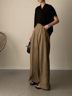 「Emma Taylor（エマテイラー）の【春ニット】フロント2wayニットトップス（ニット/セーター、ブラック系）」を使った、haru さん（レディース・162cm）の夏コーディネート