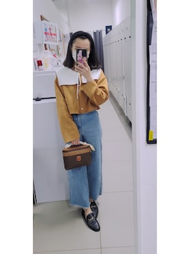 「CELINE」｜「アイテム（ノーカラージャケット）」を使った、Alice Tsangさん（レディース・151cm）の冬コーディネート