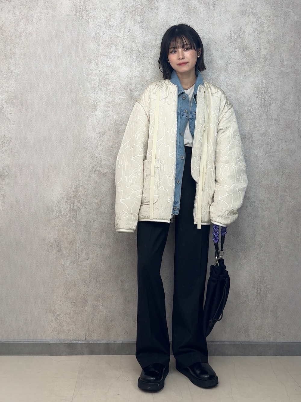 「今日のコーデ、ユニクロ、UNIQLO、デニムジャケット、153cmコーデ、yunco_de」｜「TODAYFULのJacquard Piping Blouson（ブルゾン、ホワイト系）」を使った、yunさん（レディース・153cm）の冬コーディネートの1枚目の写真