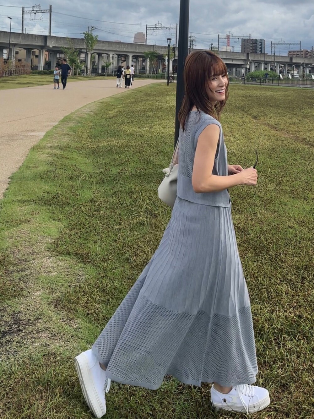 「このスタイルがお気に入り、休日コーデ、夏コーデ、ラグナムーン(LAGUNAMOON)、153cm、yunco_de、低身長」｜「LAGUNAMOONのストライプメッシュニットワンピース（ワンピース、ブルー系）」を使った、yunさん（レディース・153cm）の夏コーディネートの1枚目の写真