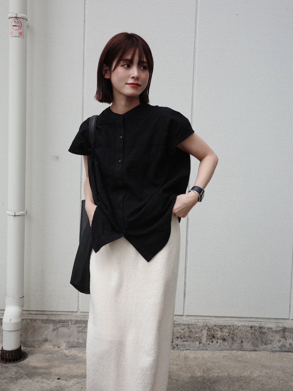 「ＧＷ、PR、初夏コーデ、おでかけコーデ、サニーレーベル」｜「URBAN RESEARCH Sonny Labelのバンドカラーコットンレースシャツ（シャツ/ブラウス、ブラック系）」を使った、yunさん（レディース・153cm）の春コーディネートの1枚目の写真