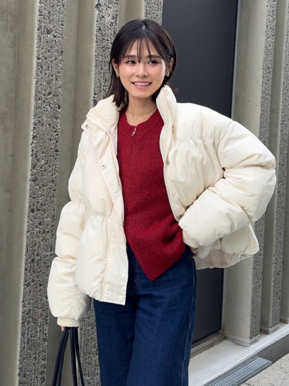 「最近のいい感じコーデ、BARRETTA、バレッタ、153cm、低身長」｜「BARRETTAのハイネックパテッドジャケット（ブルゾン、ホワイト系）」を使った、yunさん（レディース・153cm）の秋コーディネートの1枚目の写真
