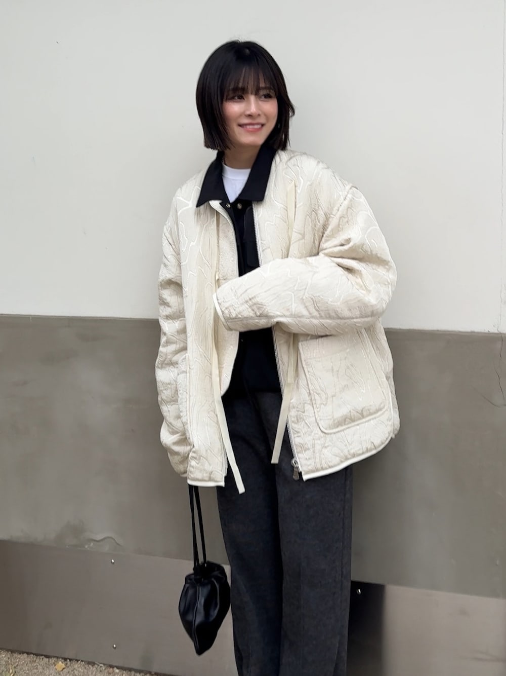 「キャナルジーン(CANAL JEAN)、TODAYFUL、153cmコーデ」｜「TODAYFULのJacquard Piping Blouson（ブルゾン、ホワイト系）」を使った、yunさん（レディース・153cm）の冬コーディネートの1枚目の写真