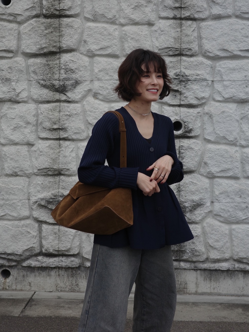 「今日のコーデ、春服みてみて、春コーデ」｜「titivateの前後2wayペプラムニットトップス（ニット/セーター、ブルー系）」を使った、yunさん（レディース・153cm）の春コーディネートの1枚目の写真