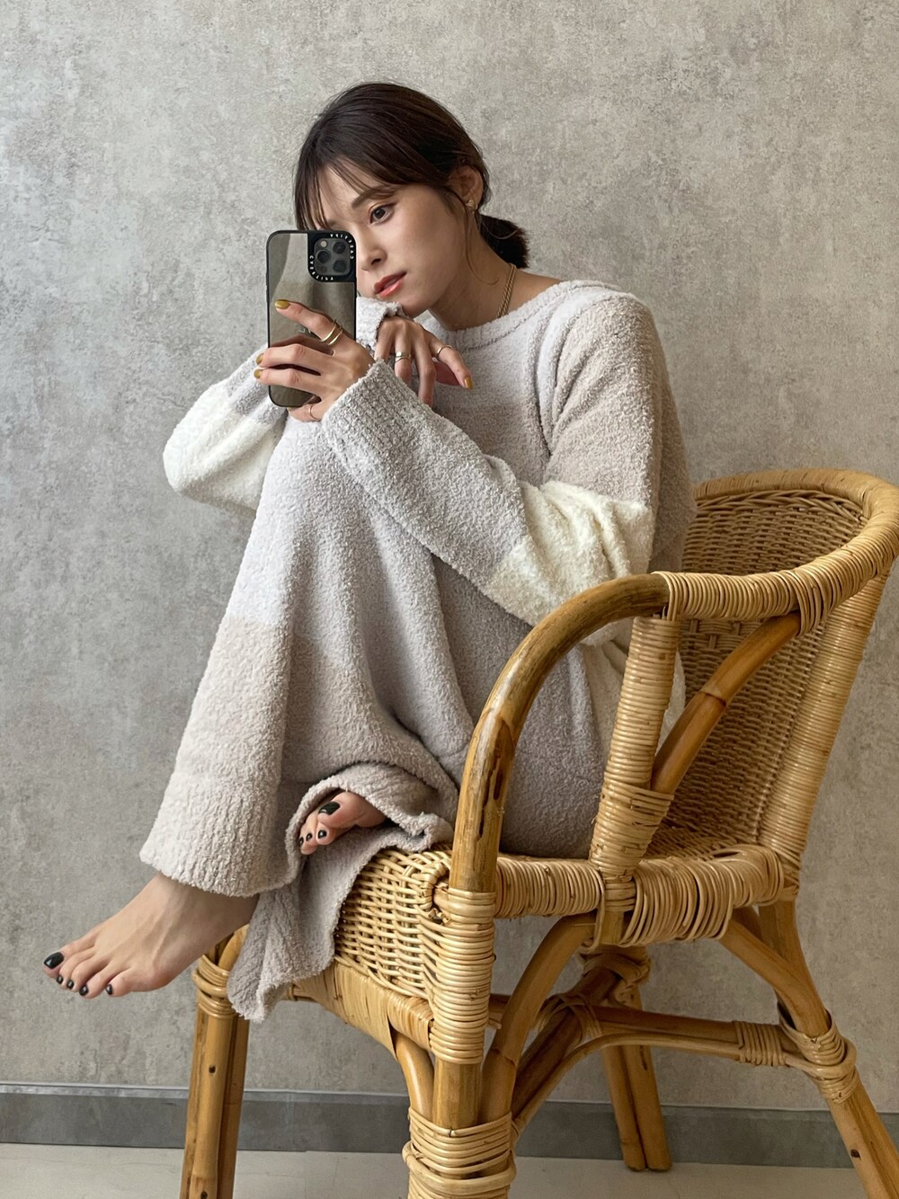 「wearhalloween2021、ルームウェア、ドノバン、DONOBAN、ラクチンコーデ」｜「DONOBANのもこもこルームウェア <ボーダーワンピ>（ルームワンピース、ベージュ系）」を使った、yunさん（レディース・153cm）の秋コーディネートの1枚目の写真