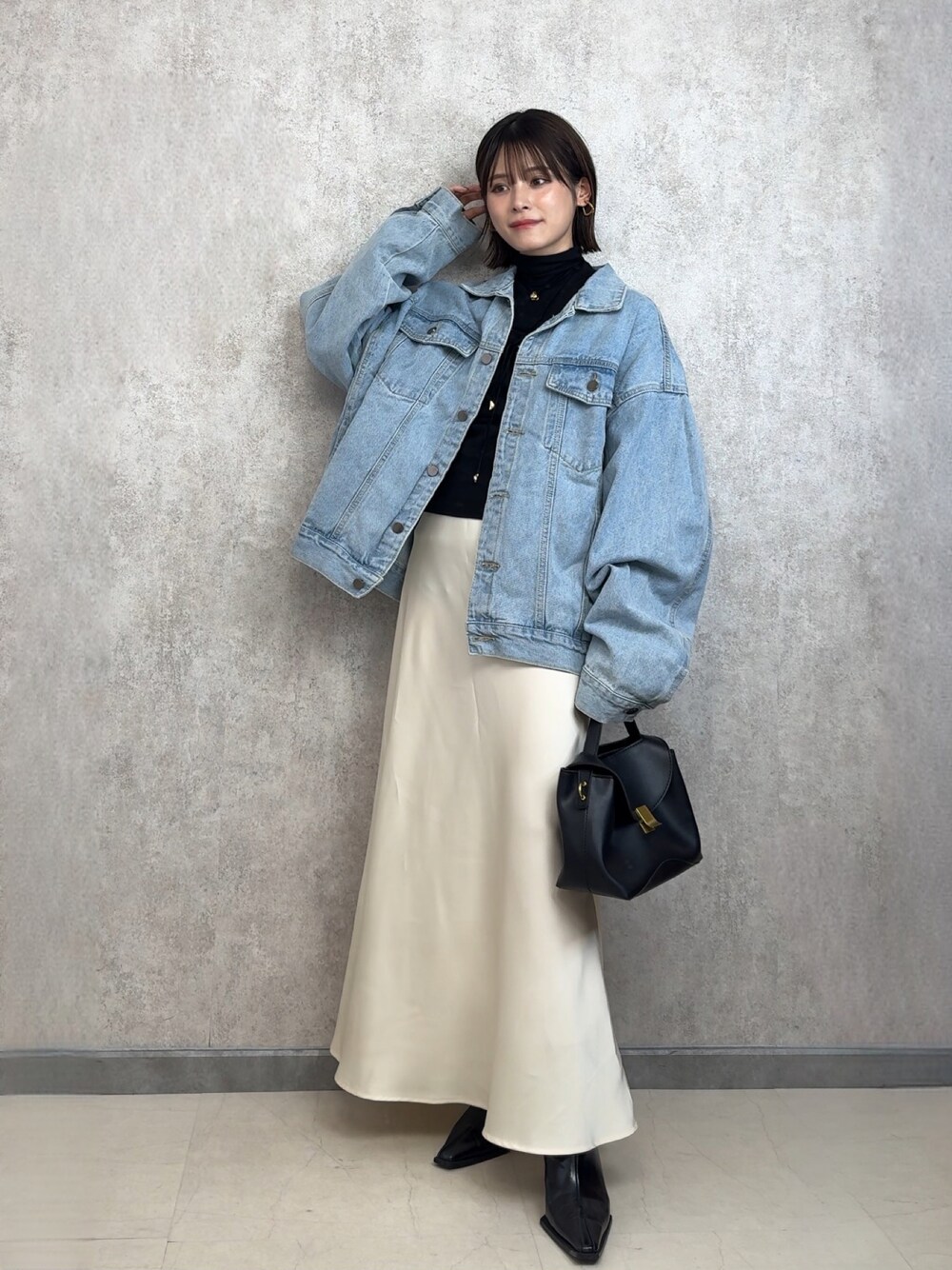 「レイヤードスタイル、デニム、デニムジャケット、153cm、yunco_de、BARRETTA、バレッタ」｜「BARRETTAのデニムジャケット（デニムジャケット、ブルー系）」を使った、yunさん（レディース・153cm）の秋コーディネートの1枚目の写真