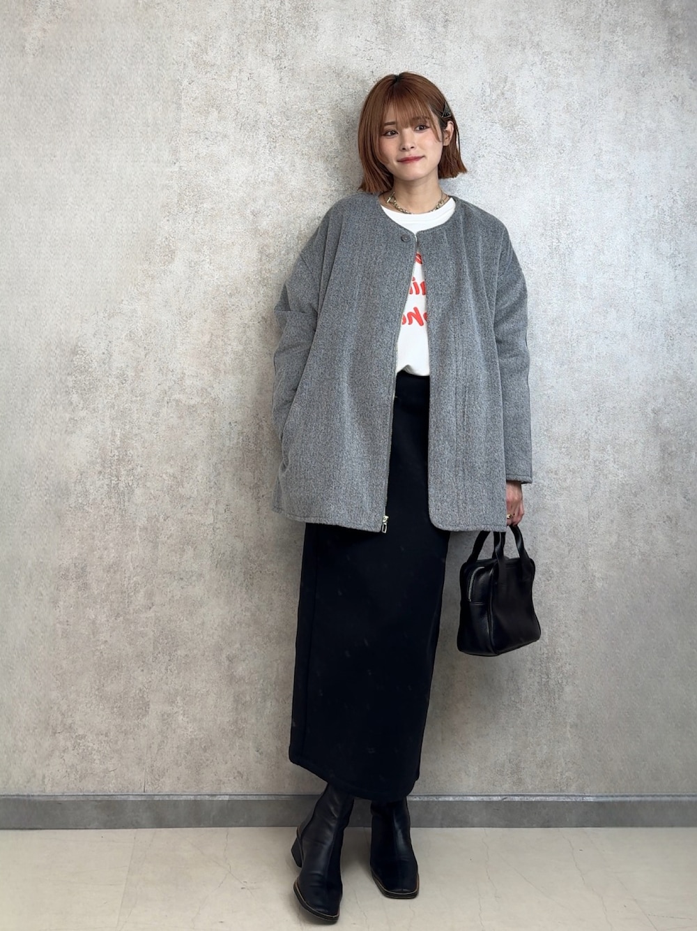 「冬を彩る色いろコーデ、今日のコーデ、着回しコーデ、153cm、yunco_de」｜「AMELYのAラインハーフコート（その他アウター、グレー系）」を使った、yunさん（レディース・153cm）の冬コーディネートの1枚目の写真