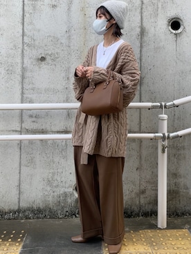 「ケーブルカーディガン」｜「アイテム（ニットキャップ/ビーニー）」を使った、yunさん（レディース・153cm）の秋コーディネート