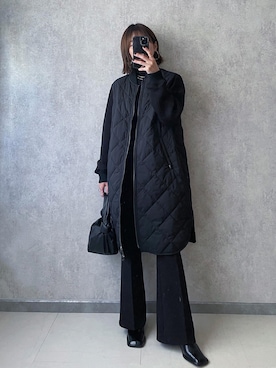 「オールブラック」｜「アイテム（ノーカラーコート）」を使った、yunさん（レディース・153cm）の冬コーディネート