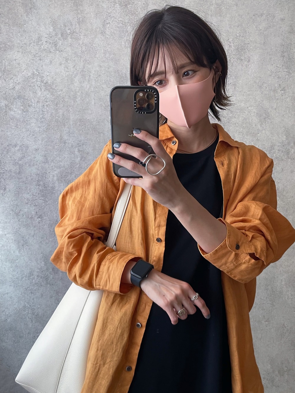 「シンプル、カラーマスク、パステルマスク、yunco_de、ユニクロ、リネンシャツ、therow」｜「cross marcheの【PASTEL MASK /パステルマスク】COOL 3枚セット 接触冷感 ひんやり UV対策 ミント 布マスク　洗える　立体マスク　三層構造　ストレッチ　レディース　子供用～大きいサイズ　抗菌防臭（マスク、ピンク系）」を使った、yunさん（レディース・153cm）の春コーディネートの1枚目の写真