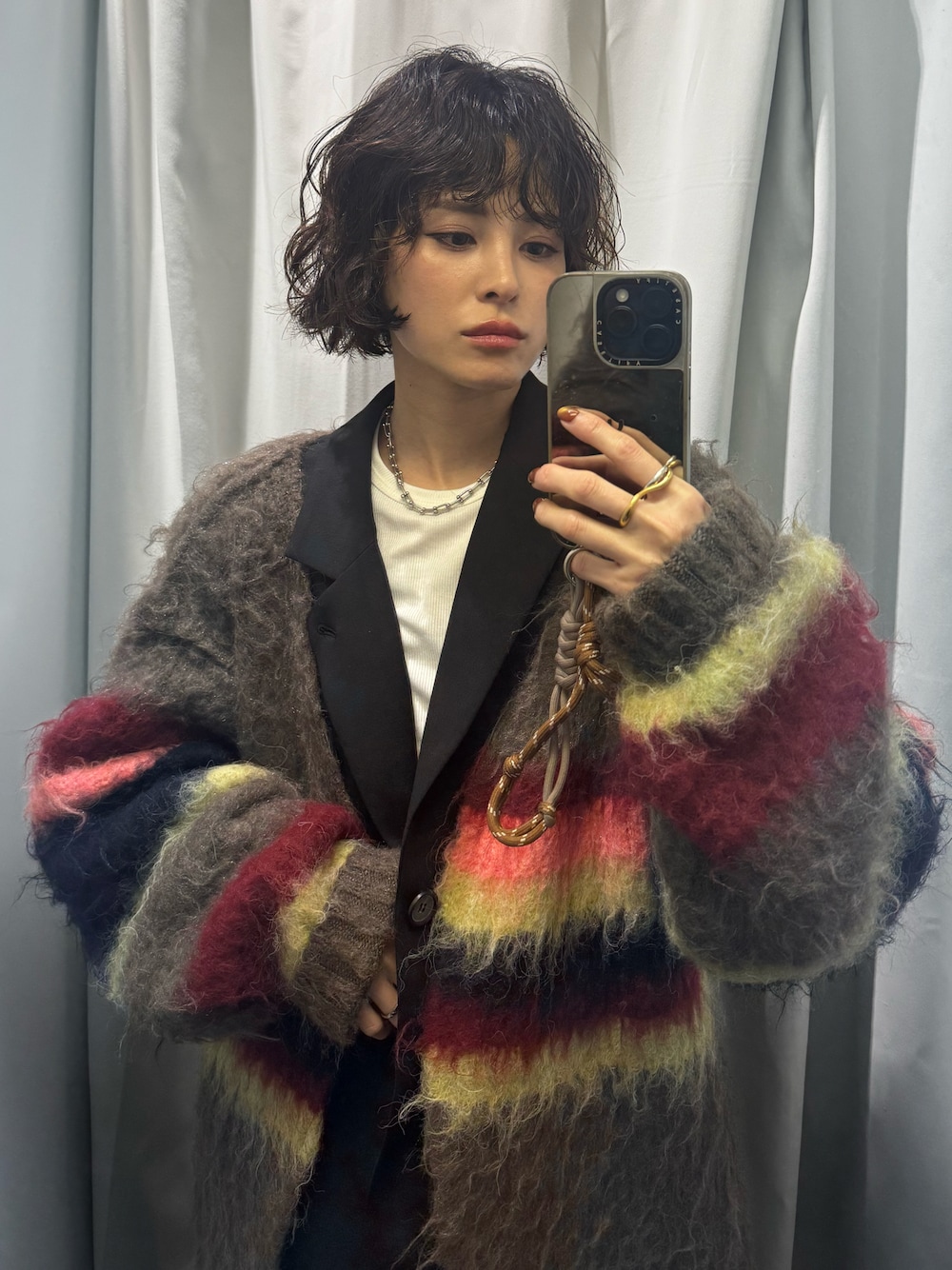 「今日のコーデ、パーバーズ、ジャケット」｜「PERVERZEのDouble Stripe Knit Cardigan（カーディガン/ボレロ、ブラウン系）」を使った、yunさん（レディース・153cm）の冬コーディネートの1枚目の写真