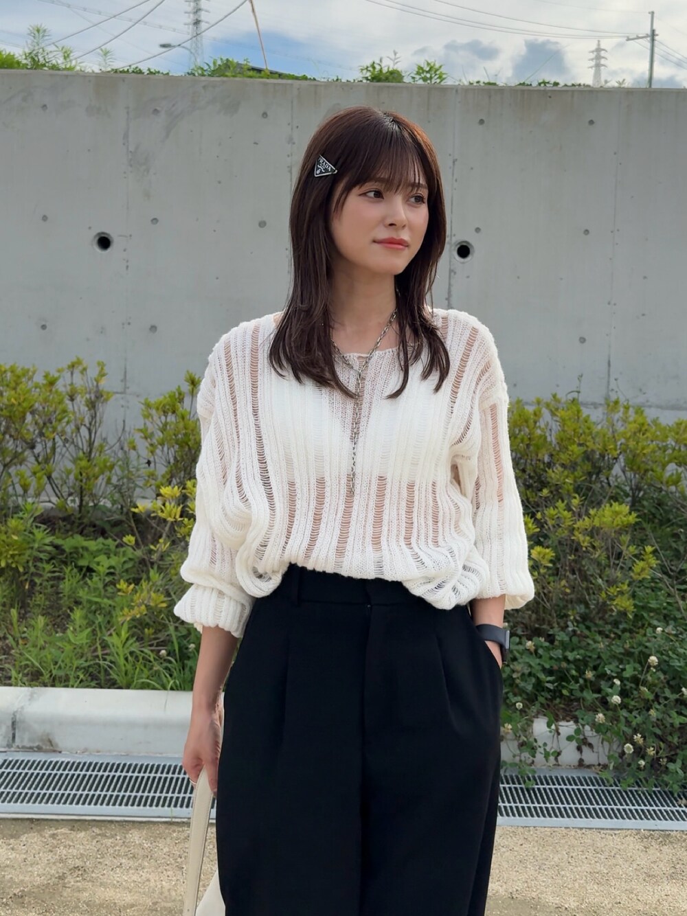 「BARRETTA、バレッタ、yunco_de、153cmコーデ」｜「BARRETTAの透かしニットプルオーバー（ニット/セーター、ホワイト系）」を使った、yunさん（レディース・153cm）の夏コーディネートの1枚目の写真