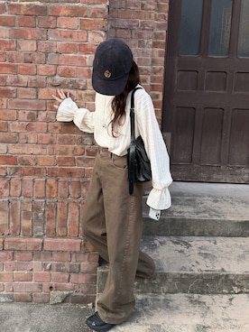 「classicalelf（クラシカルエルフ）の甘すぎない、透け感フェミニン。透かし編みキャンディスリーブ配色メロウトップス（Tシャツ/カットソー、ホワイト系）」を使った、classicalelfクラシカルエルフさん（レディース・164cm）の秋コーディネート