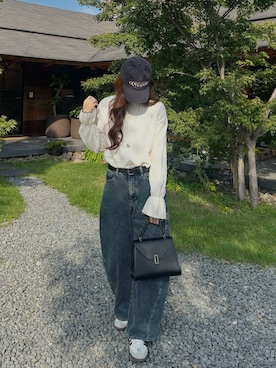 「classicalelf（クラシカルエルフ）の甘すぎない、透け感フェミニン。透かし編みキャンディスリーブ配色メロウトップス（Tシャツ/カットソー、ホワイト系）」を使った、classicalelfクラシカルエルフさん（レディース・164cm）の秋コーディネート