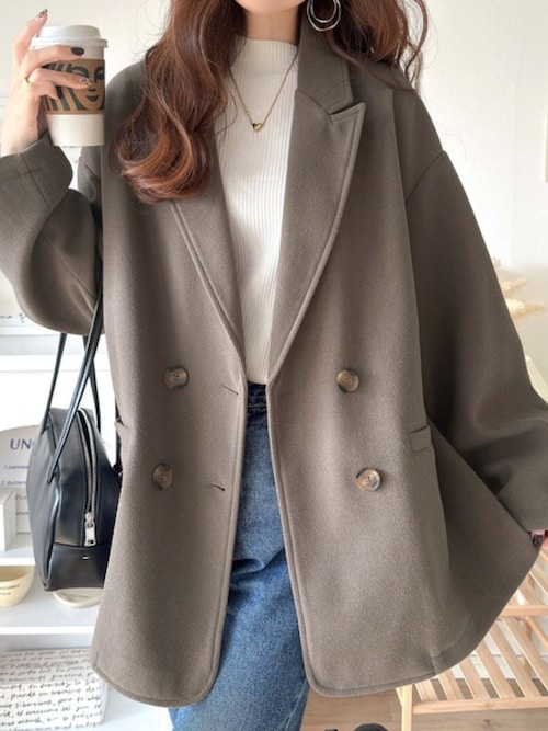 美品✨　45R テーラードジャケット　ウール　 日本製 チャコール　S位 セール】ONもOFFもキマる。こなれ感漂うフェイクウール素材ダブル