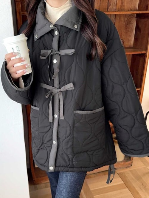 ロージーモンスター　コート　リボン　キルティング セール】【mily bilet】フェミニンに着こなせる冬アウター。リボン使い