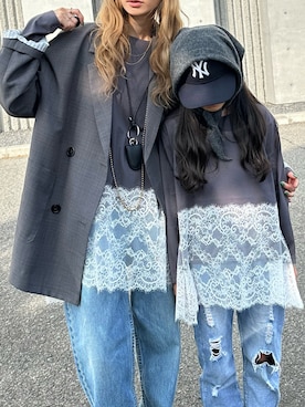 「classicalelf（クラシカルエルフ）の大人のきれいめカジュアル、体型も美しくカバー。親子お揃いOK♪裾レースカットソードッキングロンT（長袖）（Tシャツ/カットソー、グレー系）」を使った、classicalelfクラシカルエルフさん（レディース・164cm）の秋コーディネート