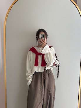「classicalelf（クラシカルエルフ）の甘すぎない、透け感フェミニン。透かし編みキャンディスリーブ配色メロウトップス（Tシャツ/カットソー、ホワイト系）」を使った、classicalelfクラシカルエルフさん（レディース・164cm）の秋コーディネート