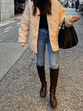 「アイテム（ノーカラージャケット）」を使った、y☺︎さん（レディース・153cm）の冬コーディネート