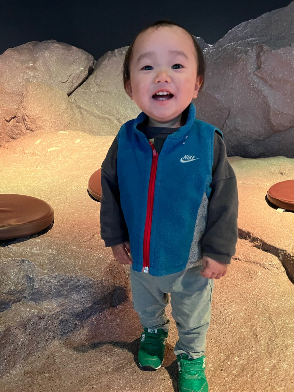 「グリーン、スニーカーコーデ、キッズファッション、男の子、NIKE」｜「NIKEのアイテム（ダウンベスト、ブルー系）」を使った、ひなりのゆわさん（キッズ・100cm）の冬コーディネートの1枚目の写真