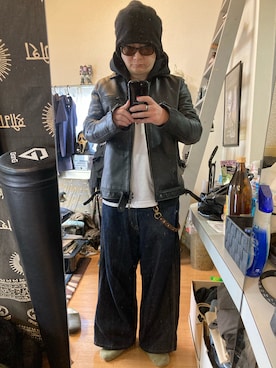 「GOODENOUGH（グッドイナフ）のアイテム（ライダースジャケット）」を使った、YUUSUKE@ganeshaさん（メンズ・171cm）の冬コーディネート