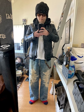 「GOODENOUGH（グッドイナフ）のアイテム（ライダースジャケット）」を使った、YUUSUKE@ganeshaさん（メンズ・171cm）の冬コーディネート