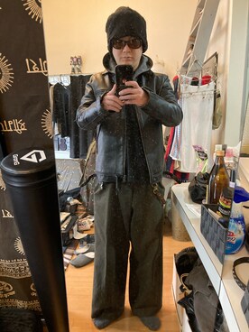 「GOODENOUGH（グッドイナフ）のアイテム（ライダースジャケット）」を使った、YUUSUKE@ganeshaさん（メンズ・171cm）の冬コーディネート