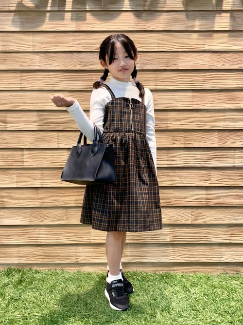 フロントボタンドッキングミニワンピ レトロ チェック 盛れる セール】【110-140cm】フロントジップ使い チェックドッキング