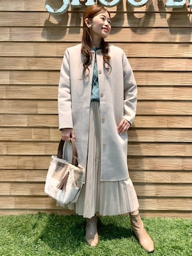 「ケーブルニット」｜「アイテム（ノーカラーコート）」を使った、E r i   さん（レディース・162cm）の秋コーディネート
