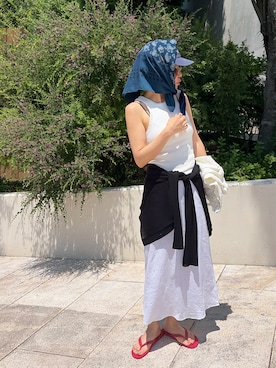 「TODAYFUL（トゥデイフル）のカップインリブタンクトップ（タンクトップ、ホワイト系）」を使った、LINAさん（レディース・159cm）の夏コーディネート