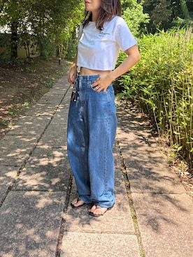 「solleim（ソルレム）のクロップド刺繍Tシャツ（Tシャツ/カットソー、ホワイト系）」を使った、LINAさん（レディース・159cm）の夏コーディネート