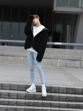 「G.O.C（ジーオーシー）のアイテム（デニムパンツ）」を使った、makotoさん（メンズ・171cm）の冬コーディネート
