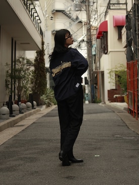 「schott（ショット）のSchott/ショット/LS TC SHIRT  BARBER EMB/バーバーロゴ刺繍 ワークシャツ（シャツ/ブラウス、ブルー系）」を使った、𝐍𝐚𝐨さん（レディース・164cm）の夏コーディネート