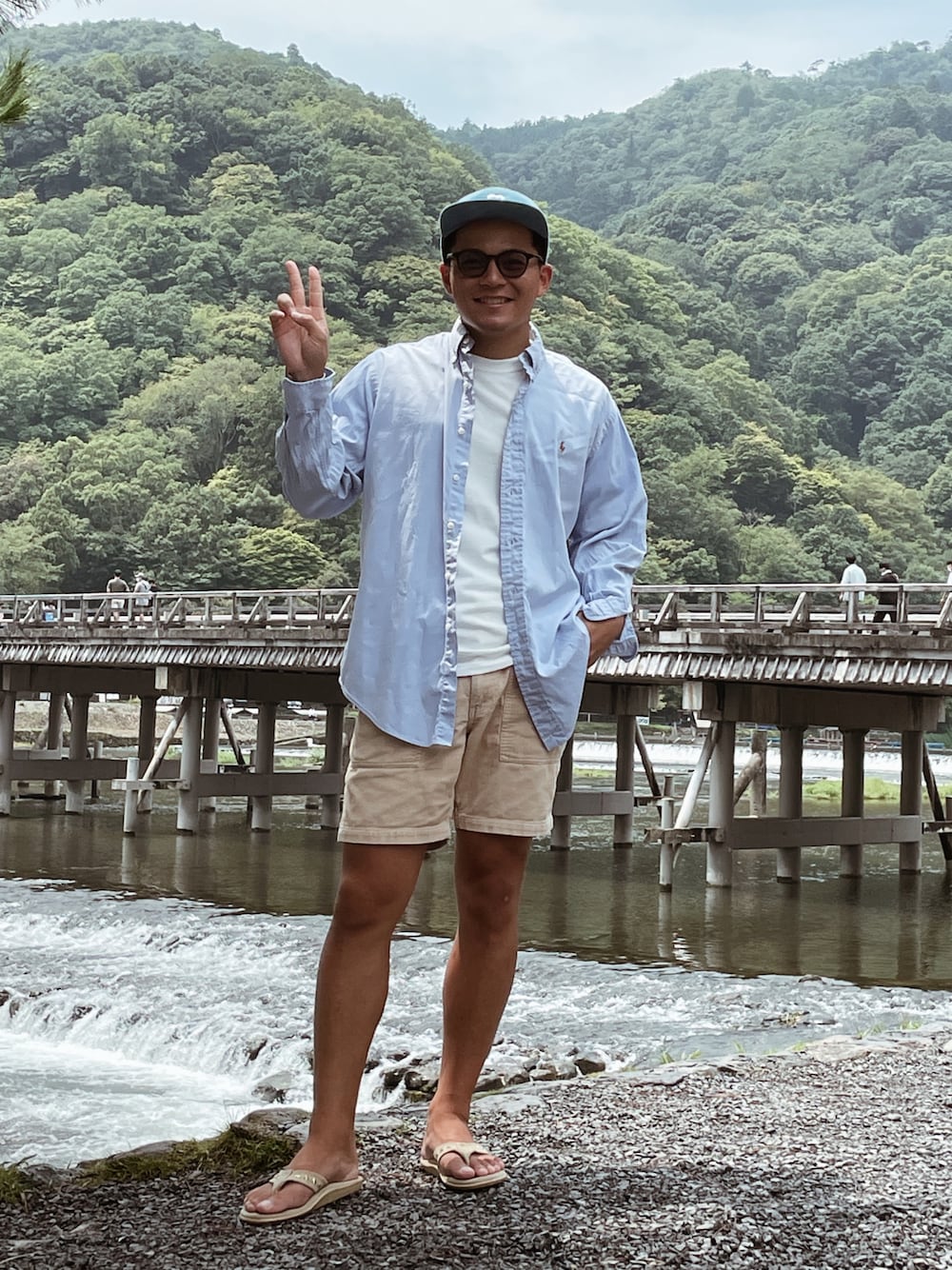 「ハーフパンツ、お洒落さんとつながりたい、シャツスタイル、サンダル、サーフ」｜「BANKSのHA0096/BANKS(バンクス)キャップ（キャップ、ブルー系）」を使った、takahiroさん（メンズ・170cm）の夏コーディネートの1枚目の写真