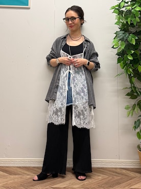 「HONEYSUCKLE ROSE（ハニーサックルローズ）のマエアキリボンレースキャミ（Tシャツ/カットソー、ホワイト系）」を使った、いのうえまいさん（レディース・158cm）の夏コーディネート