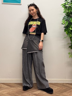 「Right-on（ライトオン）のOther(ソノタ)ローリングストーンズプリント半袖Tシャツ（Tシャツ/カットソー、ブラック系）」を使った、いのうえまいさん（レディース・158cm）の夏コーディネート