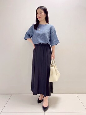 「UNTITLED（アンタイトル）の【五分袖/ジャージトップス】スラブカールマイヤープルオーバー（Tシャツ/カットソー、ブルー系）」を使った、ukiさん（レディース）の秋コーディネート