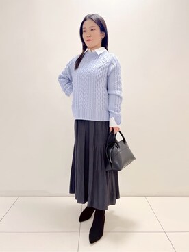 「UNTITLED（アンタイトル）の【洗える】スポンディッシュ ケーブル柄ニット（ニット/セーター、パープル系）」を使った、ukiさん（レディース）の冬コーディネート